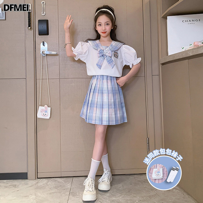 DFMEI 女童JK套裝裙六一表演服短袖夏裝學院風女孩百褶裙兩件套