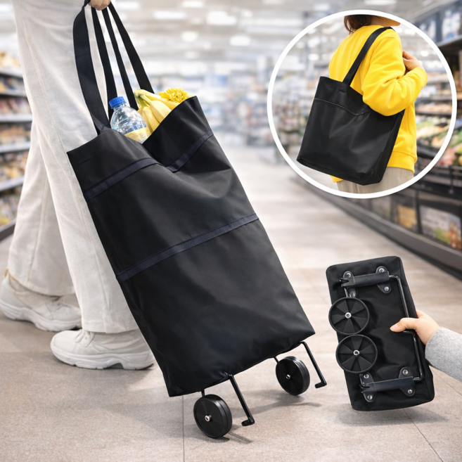 핀넬 바퀴형 접이식 장바구니 카트 확장형 마트 쇼핑카트, 블랙, 1개