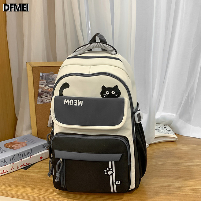 QRU 新款雙肩包男女時尚大容量揹包校園風百搭初高中小學生書包, 黑色