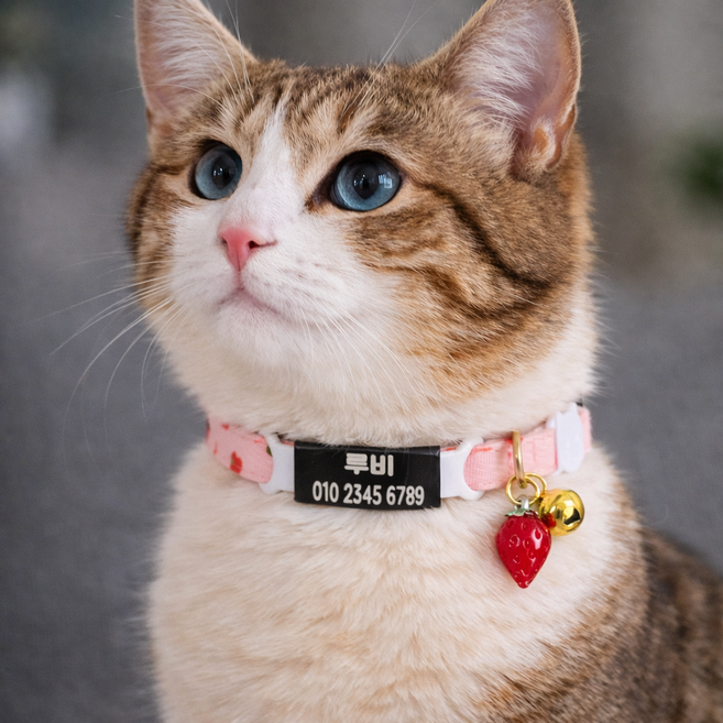 아미펫 안전버클 코튼 플로랄 실리콘 네임택 고양이 목줄, 1개, 스트로베리 핑크