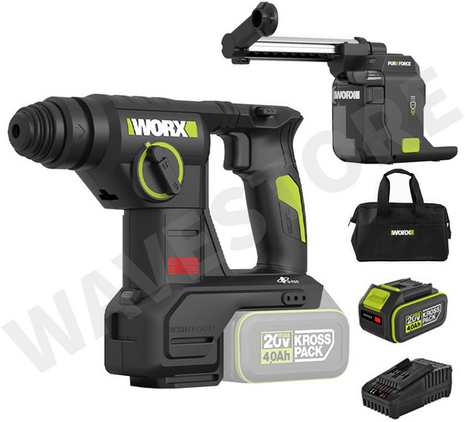 웍스 충전 로타리 해머드릴 WU384 앙카 콘크리트 함마 드릴 집진기 4.0Ah 배터리 포함, 1