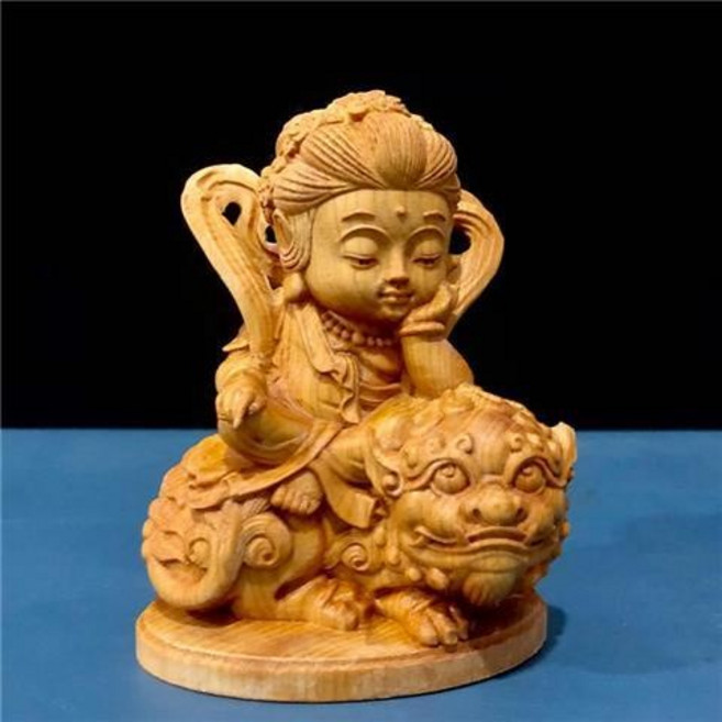 崖柏黃楊木雕 Q版文殊普賢菩薩 人物神像 工藝品, 崖柏文殊