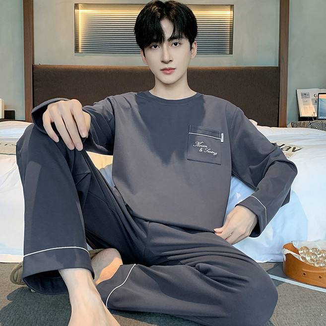 男士純棉睡衣春秋款長袖青少年高中生大碼可外穿大學生家居服套裝