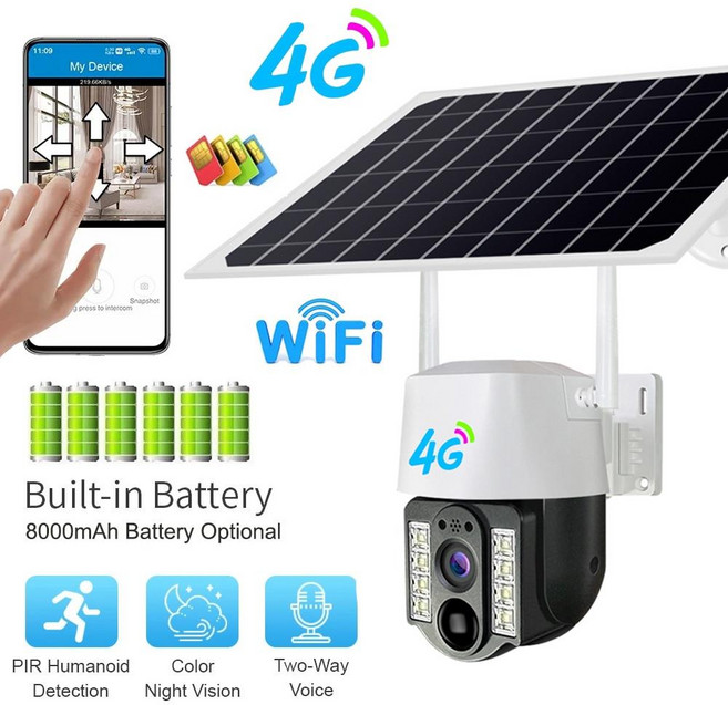 4G SIM 태양열 카메라 와이파이 야외 CCTV 카메라 PIR, 1개