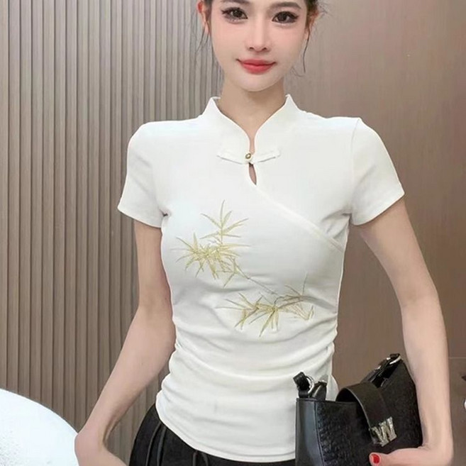 新中式 刺繡盤扣立領短袖T恤