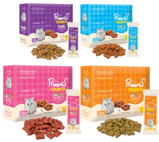 프리미요 크런치 고양이간식 20g x 12p, 참치 + 닭고기, 참치 + 연어, 참치 + 새우, 참치, 240g, 1세트