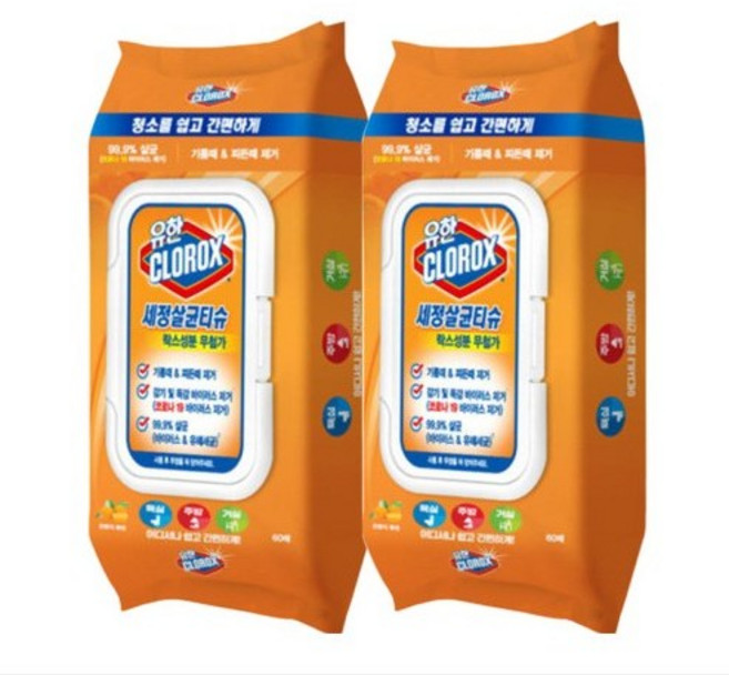 유한락스 세정살균티슈 오렌지 퓨전 60p, 2개