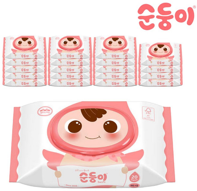 순둥이 베이직 무향 아기물티슈 휴대캡형 20매 20팩 (cBcom), 20개