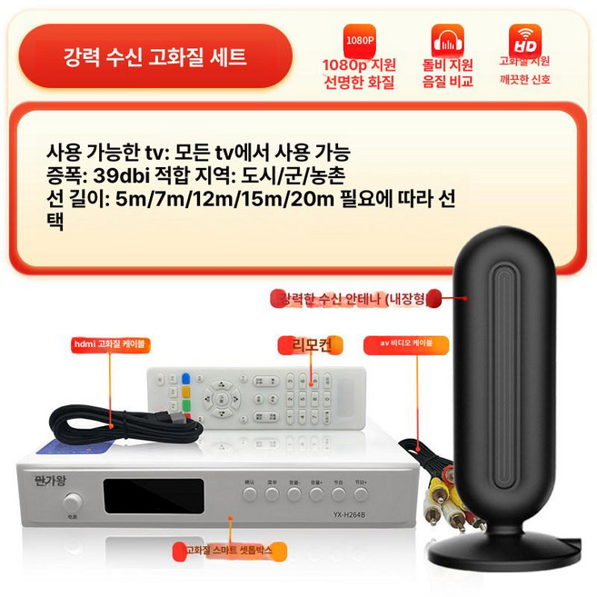 dmb수신기 tv 안테나 실내 홈오디오 표준화질 티비 실외용 증폭기 라디오, 1개, 고화질 강력 수신 세트 모든TV용, 5m