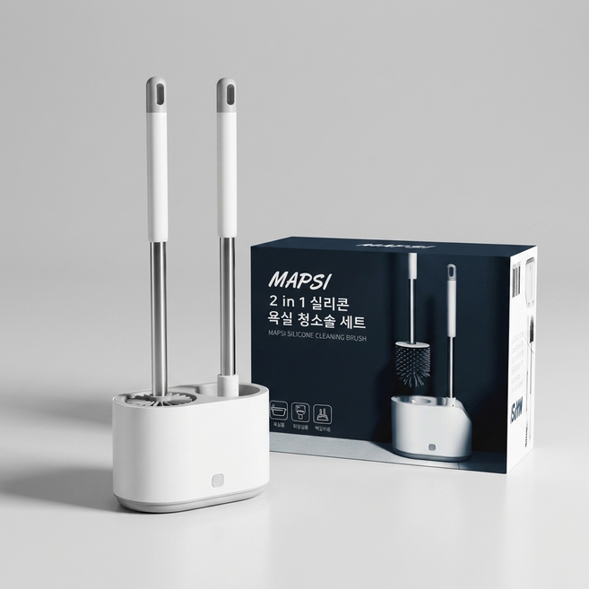 맵시 벽걸이 거치형 욕실 화장실 변기 브러쉬 실리콘 청소솔 2in1 세트, 화이트, 1세트