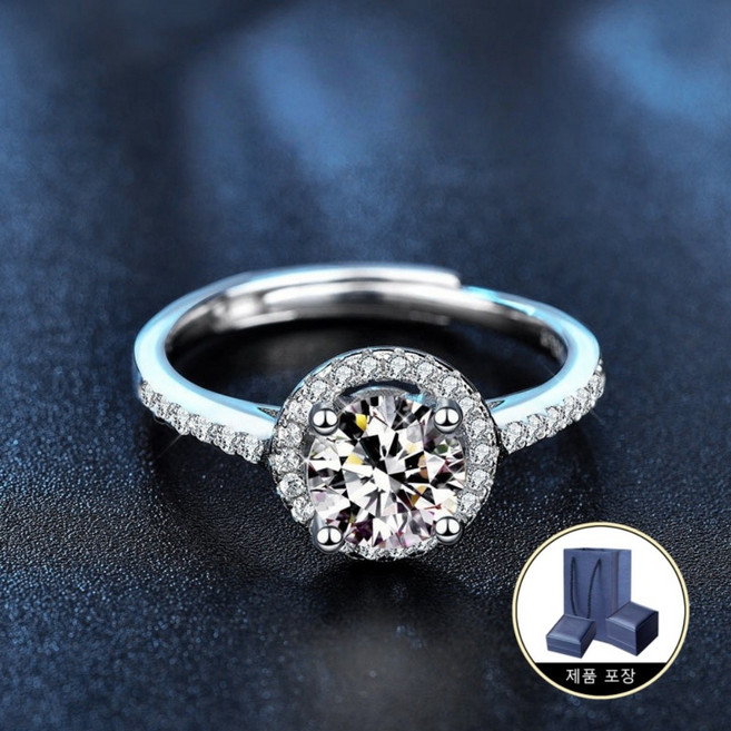 GRA인증서 엑설런트등급 모사나이트 1캐럿 925실버 다이아몬드 다이아몬드 반지 원형 반지 조절 가능