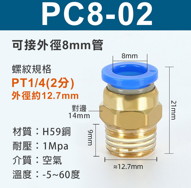 SPC PC8-02 外牙直通快速接頭，適用8mm氣管，PT1/4螺紋，H59銅材質，耐壓1Mpa, 1個, 外牙直通 PC8-02