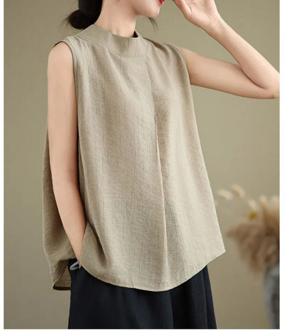 메인워크 중년 여성 빅사이즈 민소매 티셔츠 여름 냉장고 엄마룩 오버핏 면 마 반폴라 기질 쿨링 하객룩 루즈핏 아우터 나시 상의