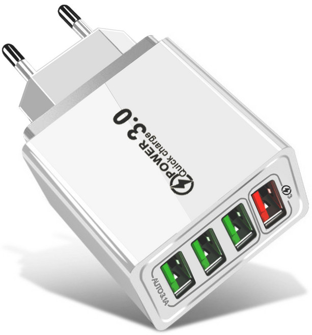 48W 접지 초고속 충전기 4포트 4USB+QC3.0 적용애플 아이폰 아이패드 삼성 갤럭시 픽셀 고속 전원 어댑터SJCDBK, 1개, 화이트BK298