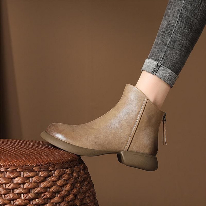 TKX 앵글부츠 여성용 여성용 심플 디자인 가죽 평평 단위 가을 겨울용 짧은 부츠 편안한 후지퍼 K51