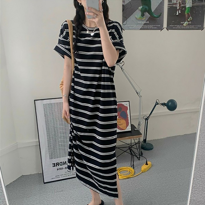 JLOG 반팔 스트라이프 박시 롱원피스 루트롱OPS