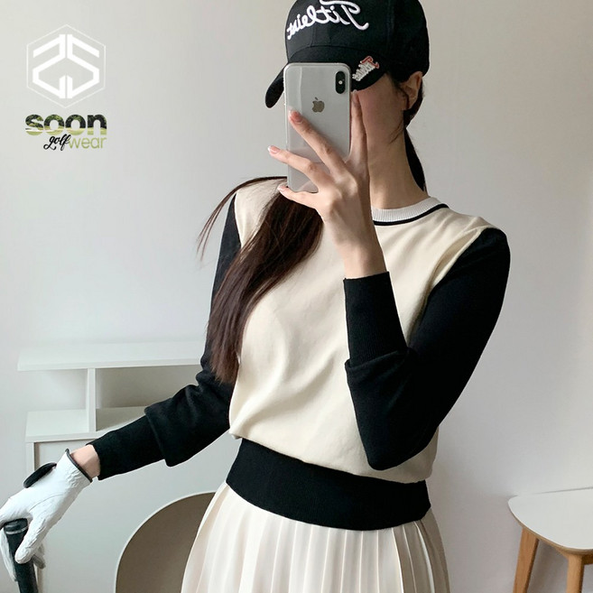 [순이야] C.여성 골프 배색 슬림 라운드 긴팔니트