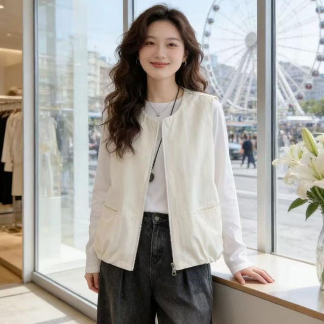 여성 조끼 솔리드 민소매 코디 심플 패션 루즈핏 캐주얼 집업 나시