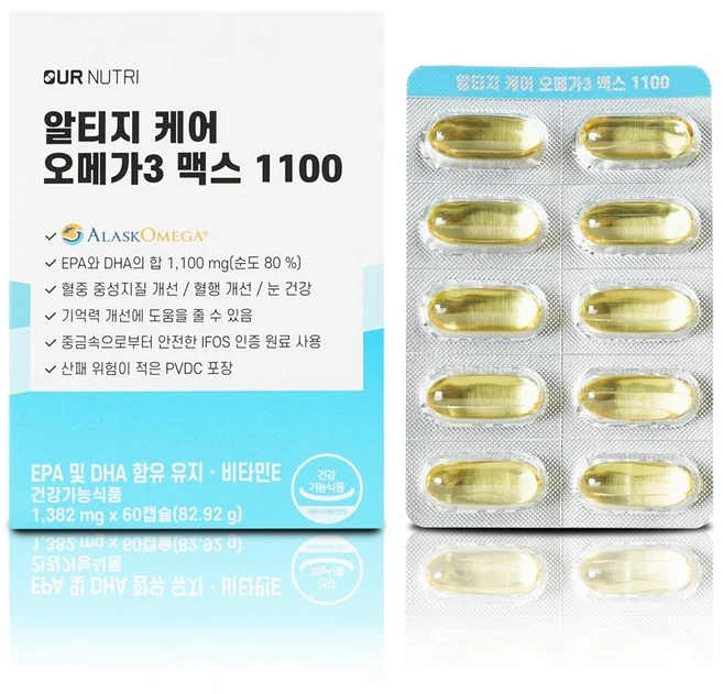 아워뉴트리 알티지 케어 오메가3 맥스 1100 82.92g, 60정, 1개 - 쿠팡