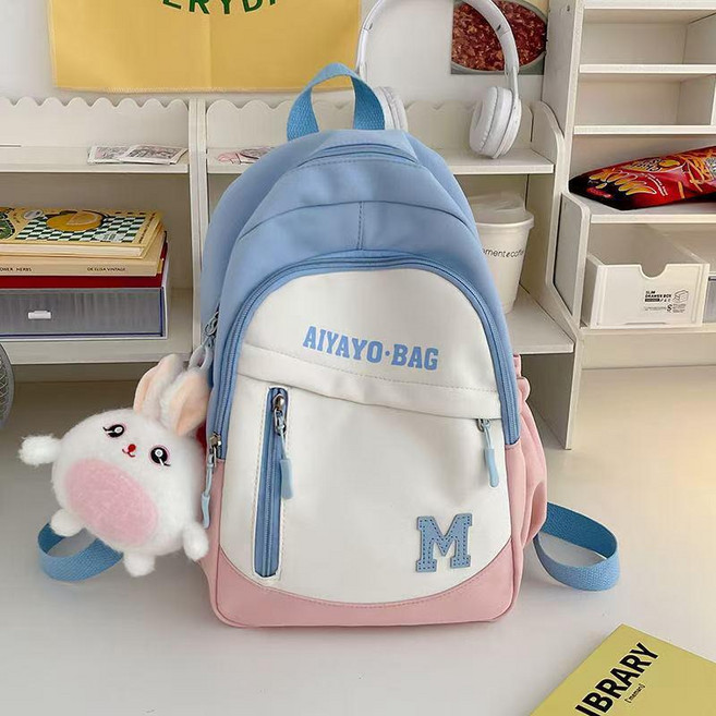 AIYAYO-BAG 兒童可愛休閒雙肩包, 藍色加掛件