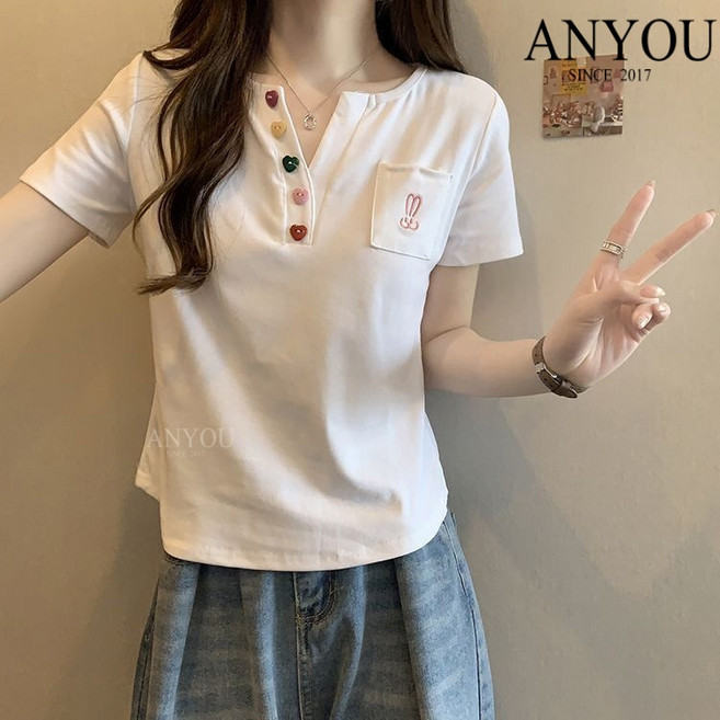 ANYOU 빅 사이즈 통통 mm 디자인 감각 소대중 정견 반팔 티셔츠 여성복 여름 헐렁헐렁 배 가리는 짧은 ins 트렌디 옷