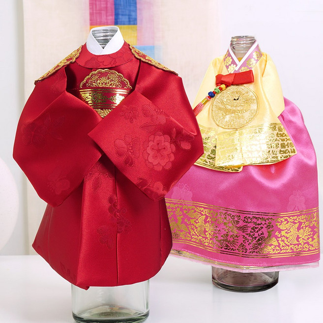 인테리어 오브제 와인커버 남녀 한복 미니어처 1+1, 왕+중전, 왕(와인)+중전(노랑)