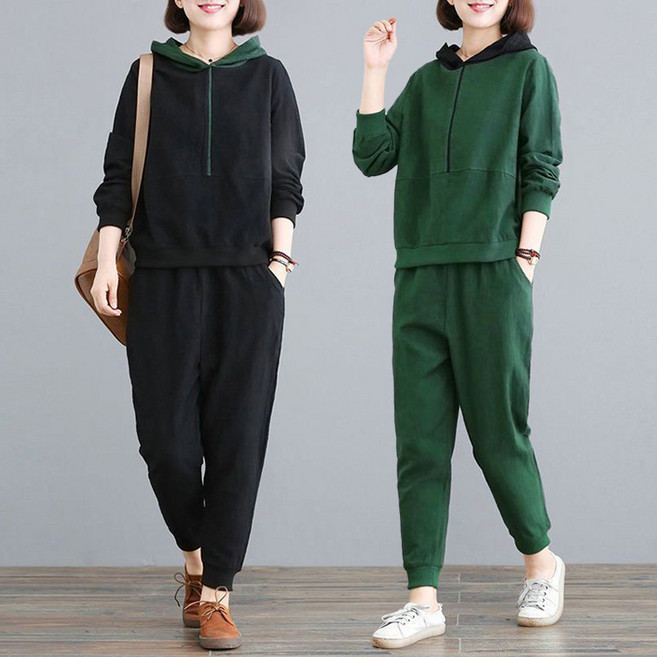 여성 운동복 상하세트 봄가을 후드 맨투맨 긴팔티 심플 무지 밴딩 와이드 팬츠 루즈핏 트레이닝복 투피스세트