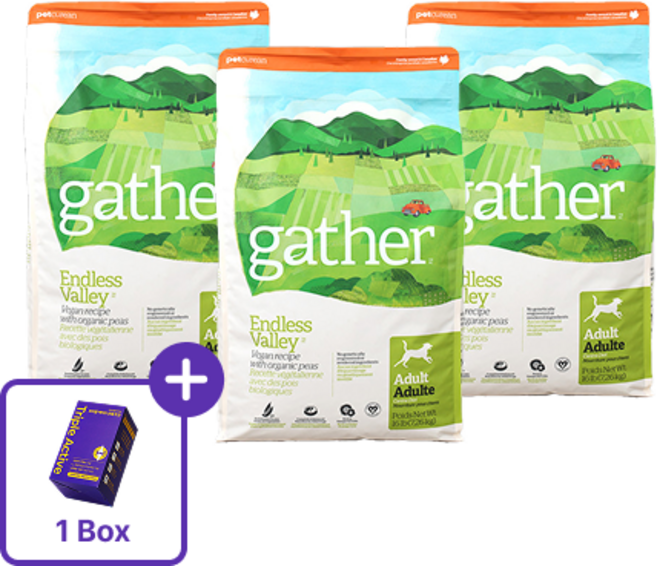 (관절 트릿 1박스) + 게더 gather 엔드리스벨리 비건레시피 식물성 단백질 강아지 사료 1kg x 3, 3개, 채소