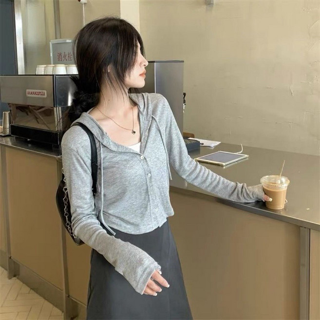 The Only Select 女款韓版連帽針織外套 長袖短版開衫 修身素色百搭上衣