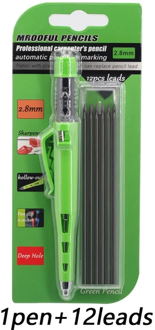전문가용 2.8mm 목공 연필 카드 세트(12개 리필심 포함) 건축 도면용 딥홀 마킹펜, 04 green