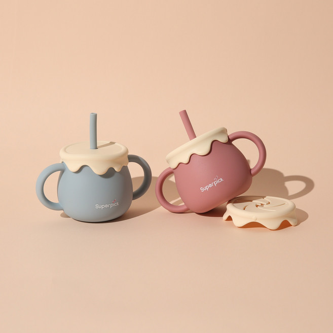 슈퍼픽 멀티 허니볼 양손 유아 실리콘컵 250ml ( 빨대컵 + 스낵볼 세트 ), 더스티블루, 1개