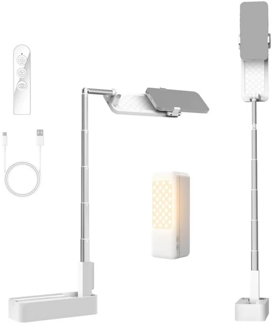 NEEWER 입문용 버전 4W 오버헤드 데스크 스탠드 폰 마운트 접이식 LED 라이트/리모컨 포함 셀카 비디오 촬, 01 V10