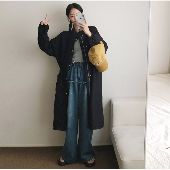 미클 하이넥 스트링 오버핏 롱 사파리 야상 점퍼