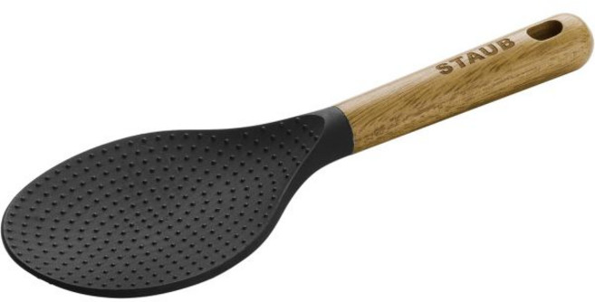 STAUB 수프 국자 뜨거운 수프를 제공하기에 적합하고 팬케이크용 부분 반죽 및 소스 파스타 내구성이 뛰어난 BPA 프리 매트 블랙 실리콘 아카시아 나무 손잡이 끈적임 없는 조, 1개