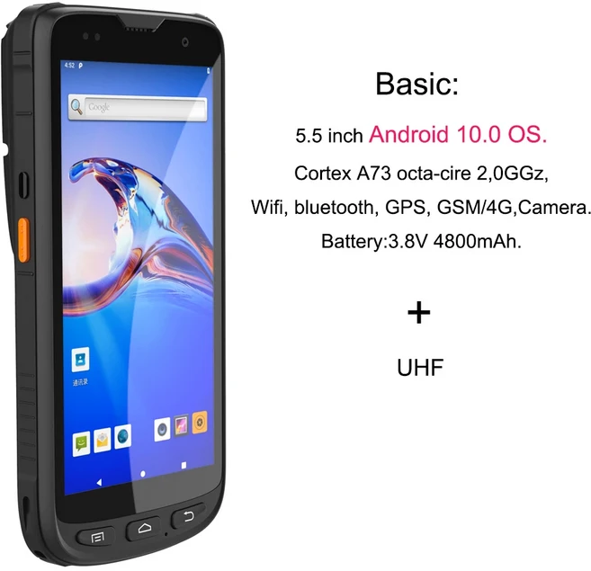5.5인치 러기드 핸드헬드 PDA 안드로이드 10.0 OS 바코드 스캐너 내장형 UHF RFID 리더 산업용 모바일 터미, 02 UHF, 04 미국