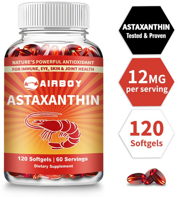 아스타잔틴 12mg 120정 - 항산화 피부 눈 관절 심장 건강 지원, 2개, 60정