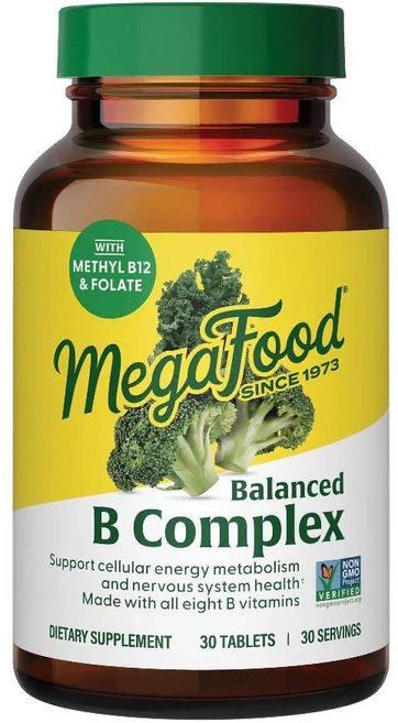 MegaFood 균형 잡힌 B 복합체 - 비타민 보충제 B6 B12 엽산 비오틴 등을 포함한 8가지 세포 에너지 생산 지원 30정, 1개 - 쿠팡