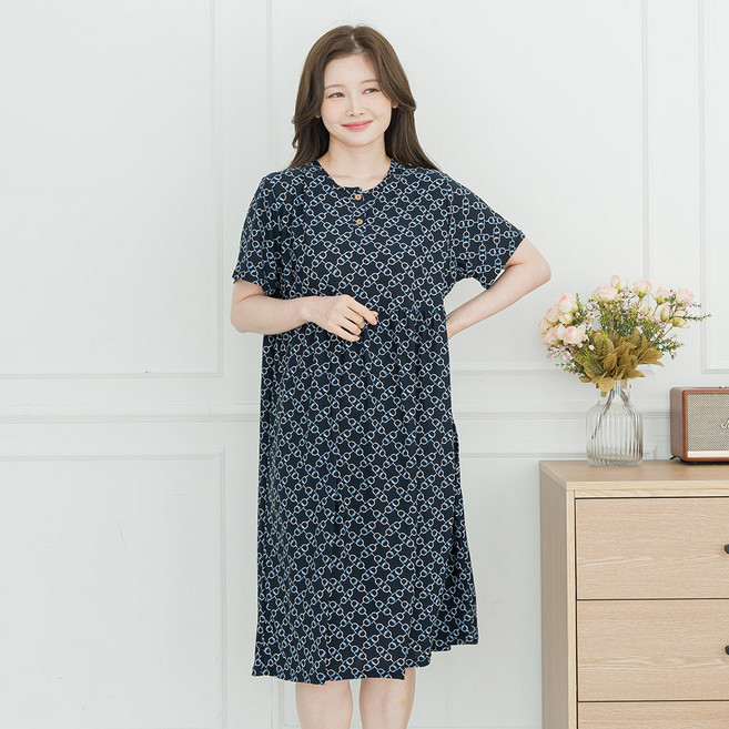 아킵 [넉넉한 루즈핏] 버튼 반팔 원피스 홈웨어 냉감 여름 잠옷 파자마