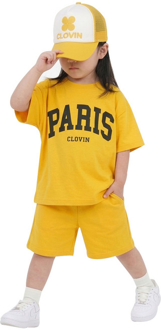 [5호 7호 9호 11호] 클로빈 키즈 오버핏 파리스 레터링 상하복 세트 남아 여아 등원룩 여름 반팔 반바지 등원복