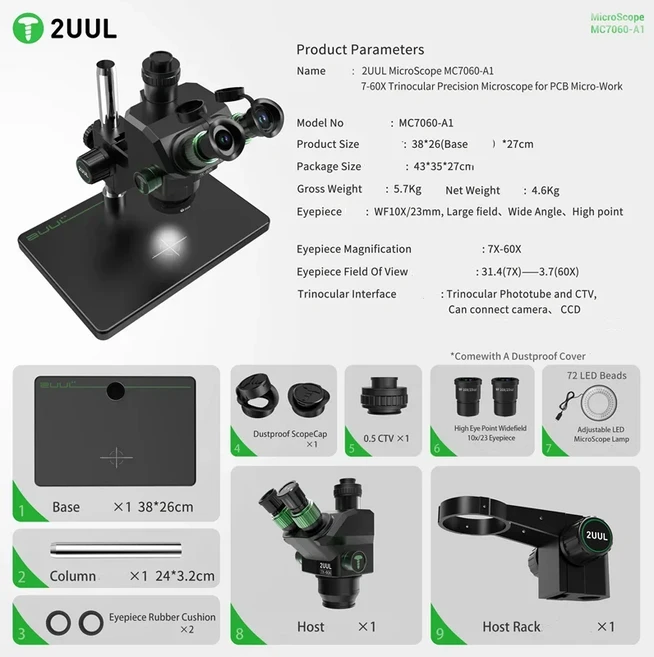 2UUL MC7060-A1 삼안 현미경 (대형 베이스 포함) 휴대폰 메인보드 PCB 용접 수리용 7-60배율 줌 현미경, 01 MC7060-A1