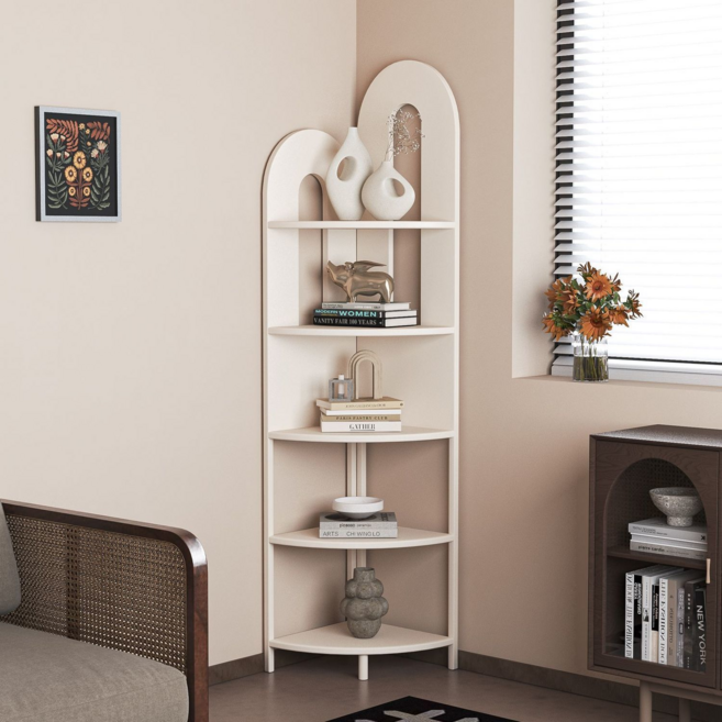 크림풍 거실 코너 선반 철제 수납장 삼각 스탠드 책장, 5단, 베이지