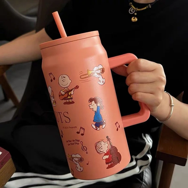 GOYES 캐릭터 스누피 도안 텀블러 대용량 보온 보냉병 빨대 텀블러, 1개, 1500ml, 오렌지 - 쿠팡