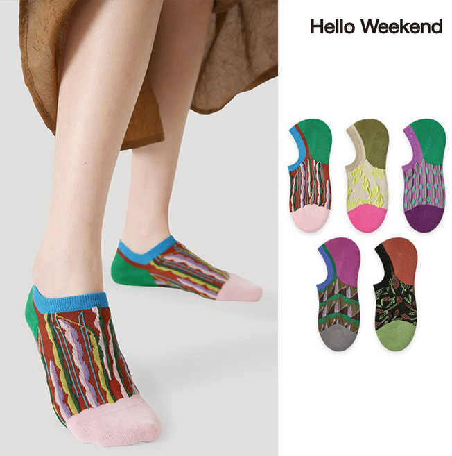 Hello Weekend 여성 다색 귀여운 봄여름 단양말 실내 양말 고무 모조 양말 신발 커버 운동 미끄럼 방지 5족 세트
