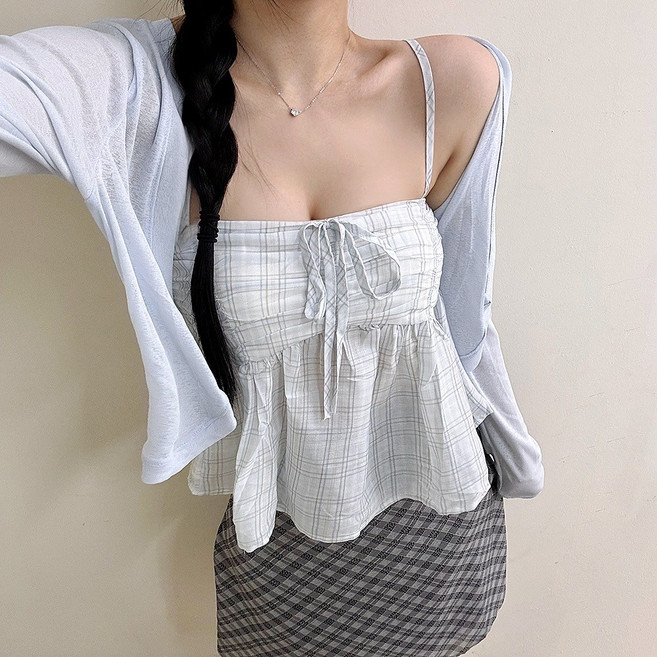VANANA2 체크 나시블라우스 가디건 세트