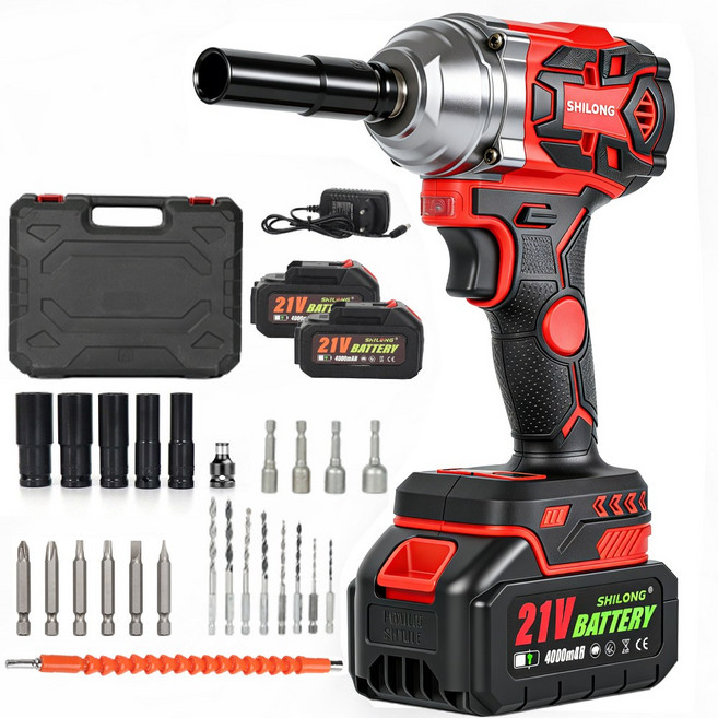 SHILONG 21V 고출력 충전 임팩드릴 전동 임팩렌치 5세대 임팩트 드라이버 500토크 4.0Ah 배터리 2개, 1세트