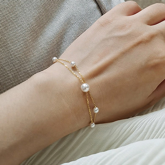 FANSYLI 금팔찌 도금 플래팅 팔찌 레이어드 두줄 진주 원포인트 체인팔찌 여자친구생일선물 20250309JLL032