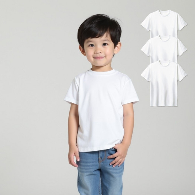 [국산] 1세부터 아동 순면 라운드 반팔티 3장 무지티 아동흰티 검정티 반팔