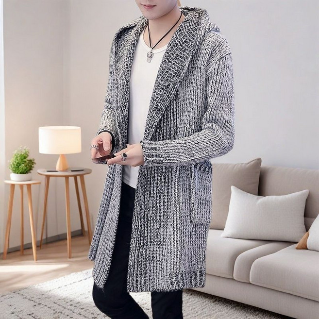 남자 봄 가을 롱 가디건 패션 얇은 니트 코트 루즈핏 스웨터 카디건 캐주얼 니트 후드 가디건 재킷 LPC