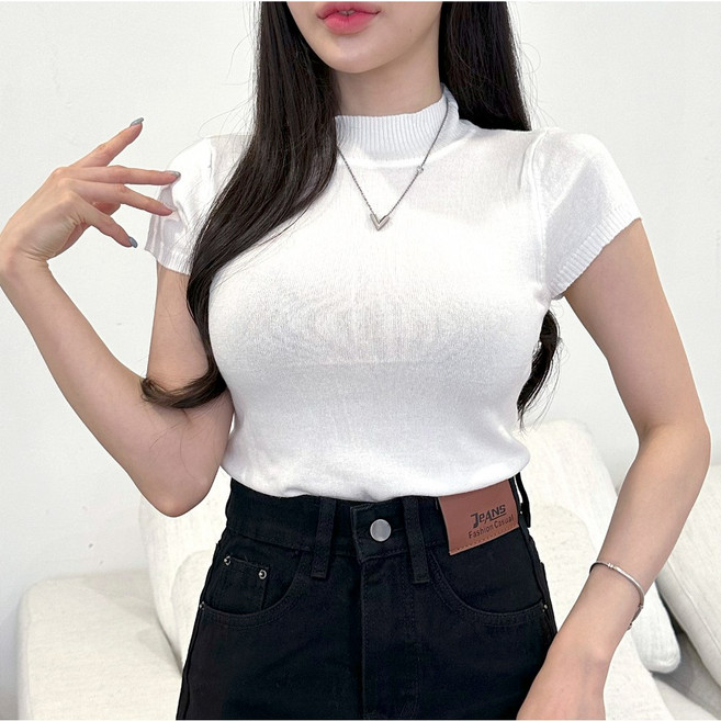 cammello 반폴라 얇은 니트 반팔티 베이직 이너티