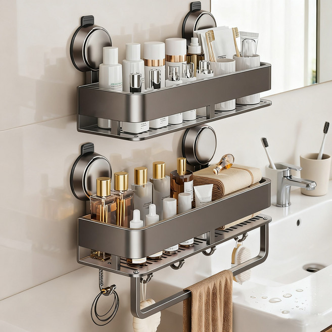 KEMEI 1+1 벽걸이형 무타공 욕실선반 흡착식 상하세트, 건그레이, 1세트